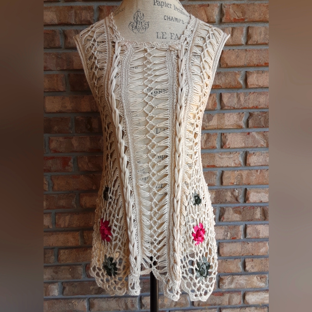 Venice Blue Crocheted Floral Boho Festival Sleeveless Top.   Free size.
